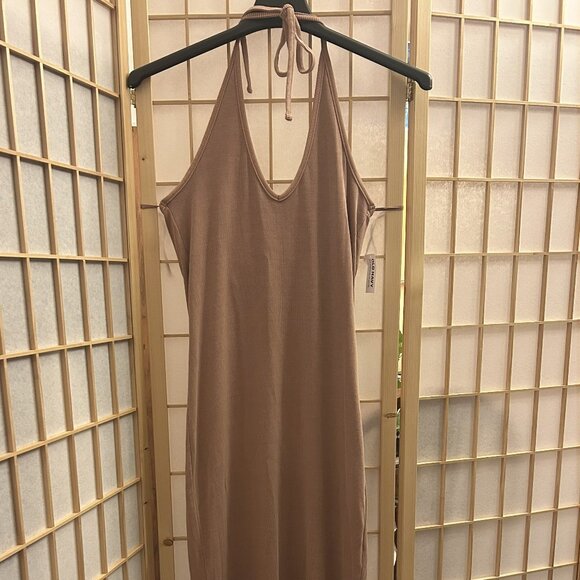 Old Navy Fitted Sleeveless Halter Rib Knit Midi Dress Warm Hickory Brown Lg Tall - Picture 1 of 12